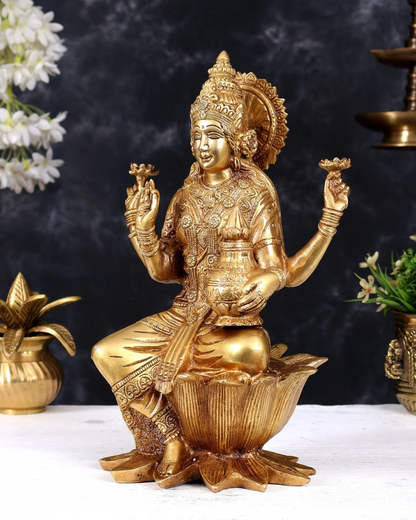 Brassaura® Dhan Lakshmi Seated on Lotus Idol with Golden Finish | Pure Superfine Brass Handcrafted Murti | Brass Statue for Home Temple, Pooja Room | Height 12 Inches | Weight 5.5 Kgs