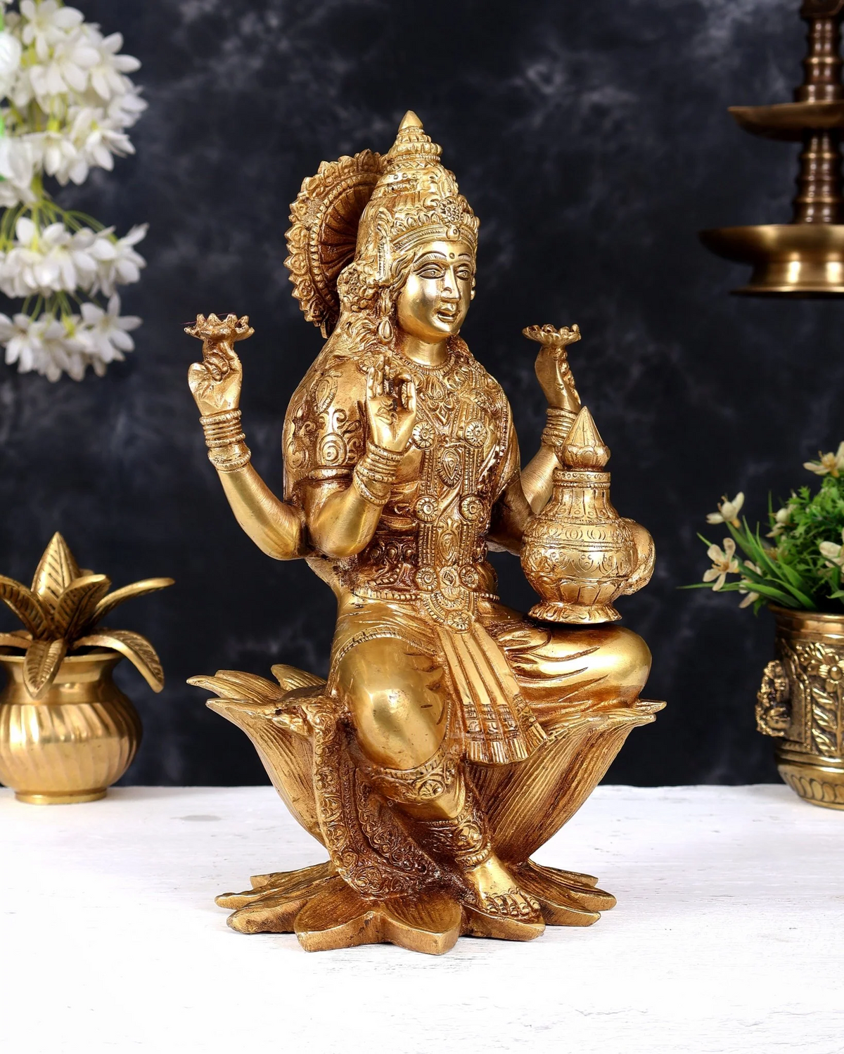 Brassaura® Dhan Lakshmi Seated on Lotus Idol with Golden Finish | Pure Superfine Brass Handcrafted Murti | Brass Statue for Home Temple, Pooja Room | Height 12 Inches | Weight 5.5 Kgs