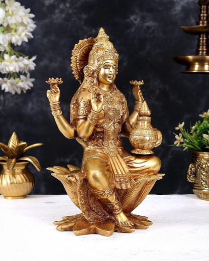Brassaura® Dhan Lakshmi Seated on Lotus Idol with Golden Finish | Pure Superfine Brass Handcrafted Murti | Brass Statue for Home Temple, Pooja Room | Height 12 Inches | Weight 5.5 Kgs