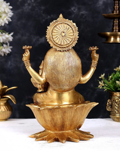 Brassaura® Dhan Lakshmi Seated on Lotus Idol with Golden Finish | Pure Superfine Brass Handcrafted Murti | Brass Statue for Home Temple, Pooja Room | Height 12 Inches | Weight 5.5 Kgs