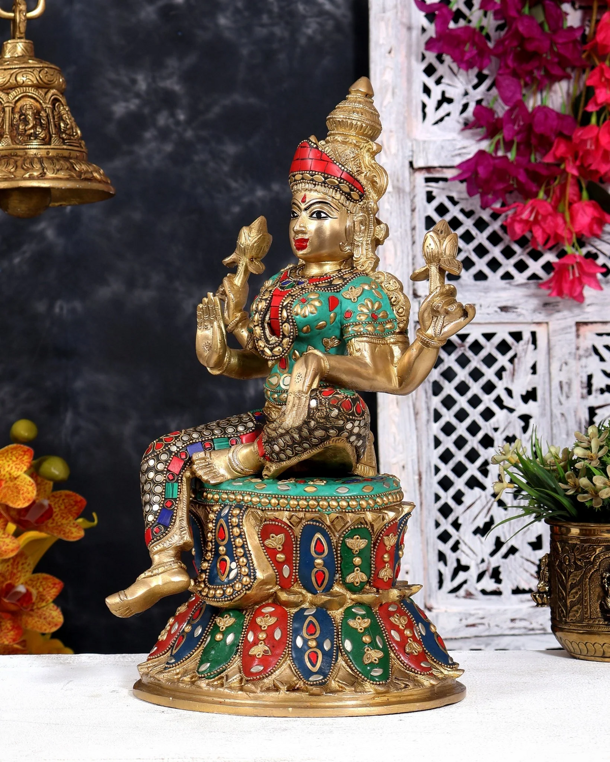 Brassaura® Lakshmi Seated Pose Idol with Multicolor Meenakari Finish | Pure Superfine Brass Handcrafted Murti | Brass Statue for Home Temple, Pooja Room | Height 14.5 Inches | Weight 8.5 Kgs