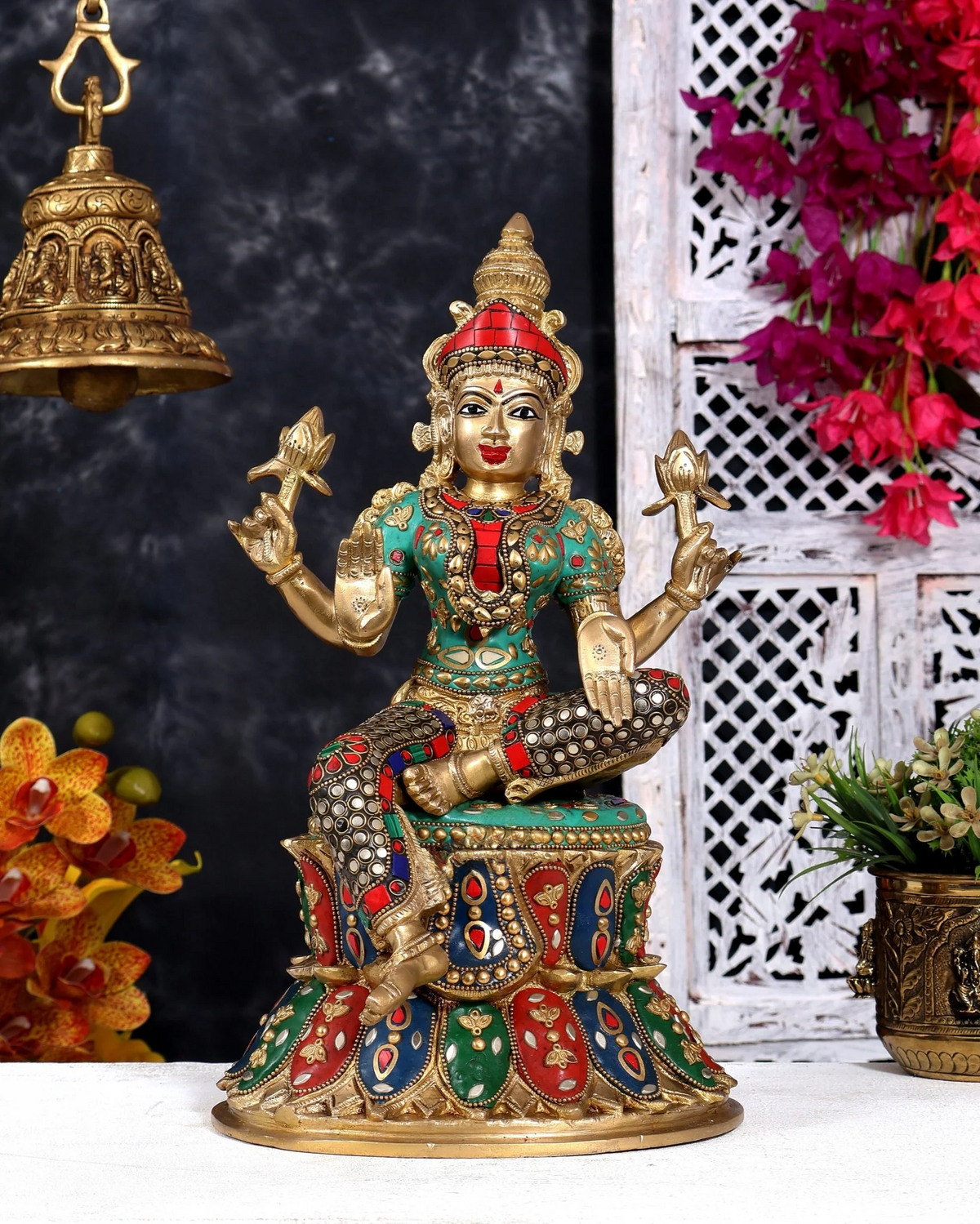 Brassaura® Lakshmi Seated Pose Idol with Multicolor Meenakari Finish | Pure Superfine Brass Handcrafted Murti | Brass Statue for Home Temple, Pooja Room | Height 14.5 Inches | Weight 8.5 Kgs