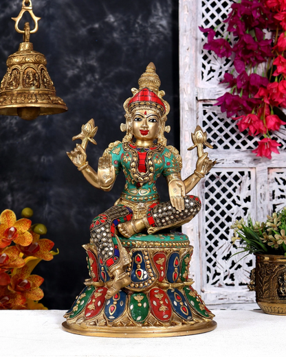 Brassaura® Lakshmi Seated Pose Idol with Multicolor Meenakari Finish | Pure Superfine Brass Handcrafted Murti | Brass Statue for Home Temple, Pooja Room | Height 14.5 Inches | Weight 8.5 Kgs