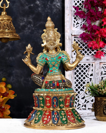 Brassaura® Lakshmi Seated Pose Idol with Multicolor Meenakari Finish | Pure Superfine Brass Handcrafted Murti | Brass Statue for Home Temple, Pooja Room | Height 14.5 Inches | Weight 8.5 Kgs