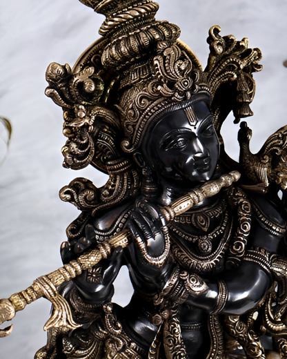 Brassaura® Brass Krishna with Cow Idol | Height 27 Inches