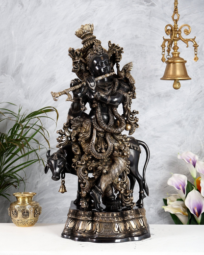 Brassaura® Brass Krishna with Cow Idol | Height 27 Inches