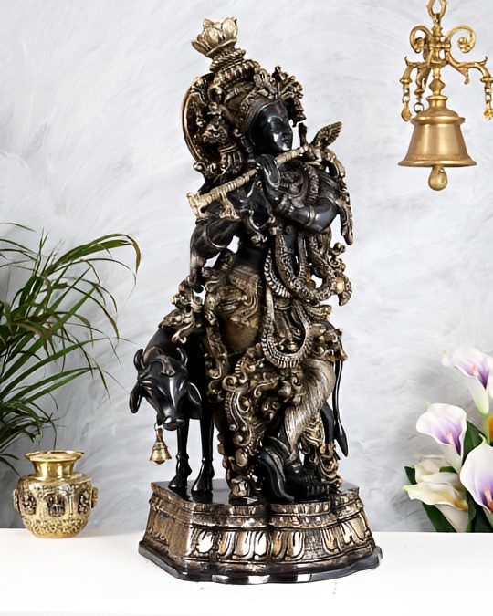 Brassaura® Brass Krishna with Cow Idol | Height 27 Inches