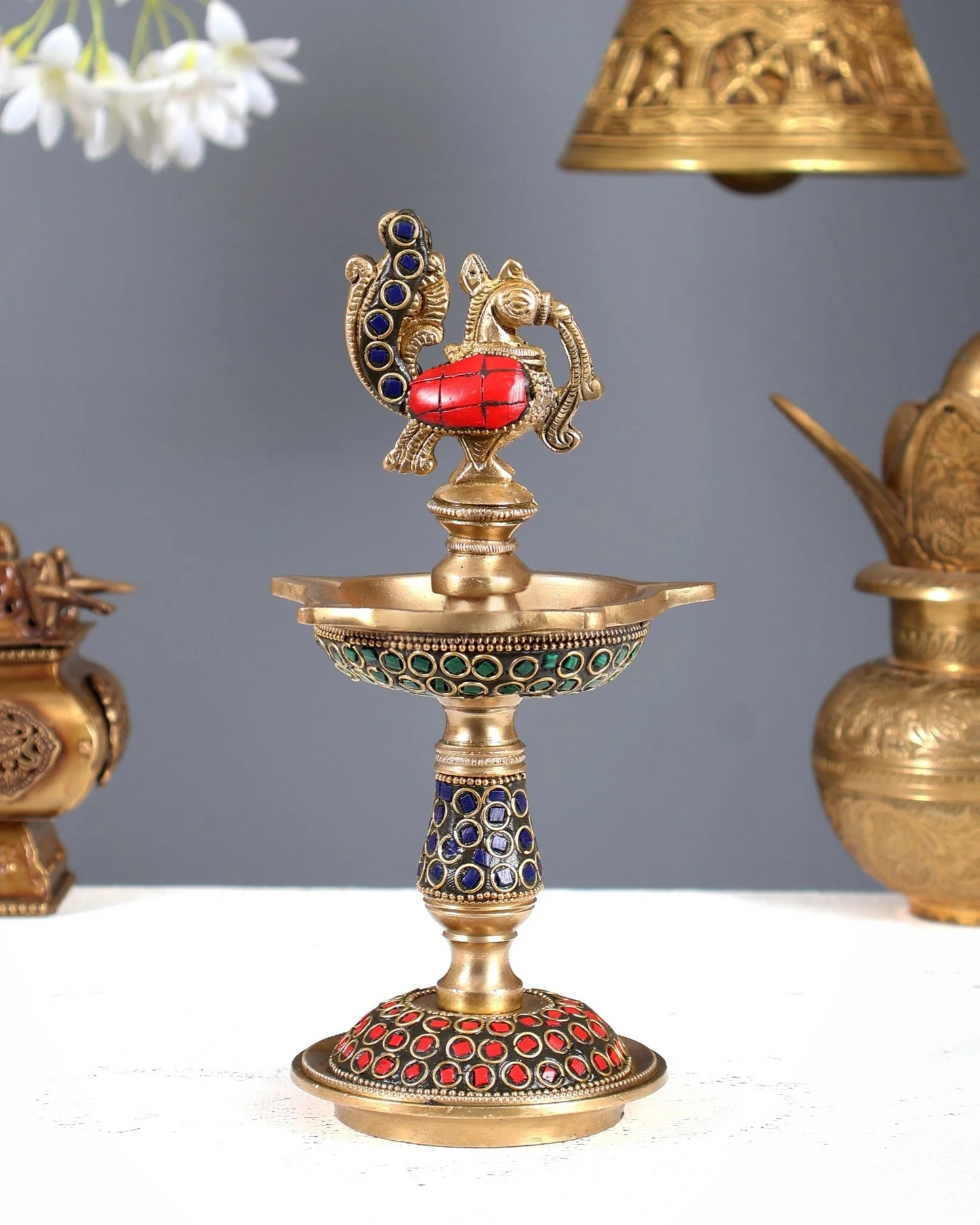 Brassaura® Peacock Samai Brass Diya with Meenakari Work | Traditional Panchdeepam Lamp | Height 8 Inches & Weight 1.2 Kgs