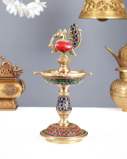 Brassaura® Peacock Samai Brass Diya with Meenakari Work | Traditional Panchdeepam Lamp | Height 8 Inches & Weight 1.2 Kgs