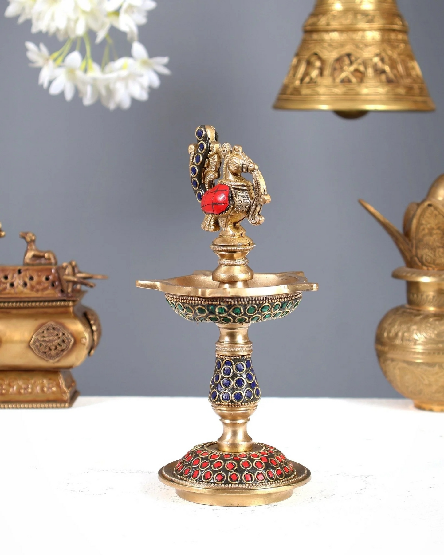Brassaura® Peacock Samai Brass Diya with Meenakari Work | Traditional Panchdeepam Lamp | Height 8 Inches & Weight 1.2 Kgs