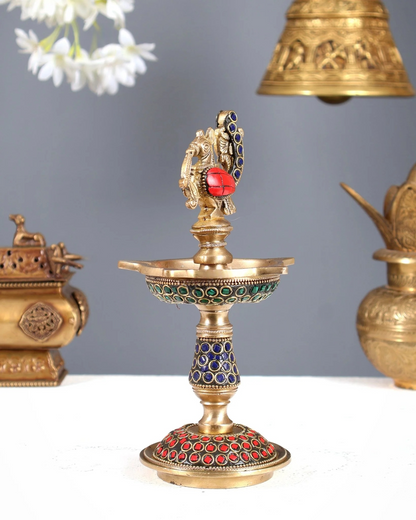 Brassaura® Peacock Samai Brass Diya with Meenakari Work | Traditional Panchdeepam Lamp | Height 8 Inches & Weight 1.2 Kgs