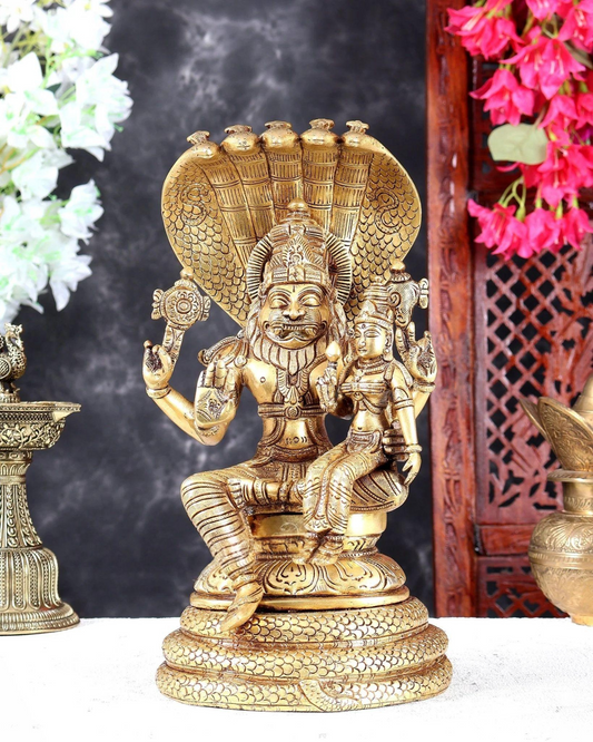 Brassaura® Pure Brass Lakshmi Narasimha Swamy Idol with Sheshnag Peetha | Handcrafted Divine Narasimha & Goddess Lakshmi Sculpture for Home Temple & Spiritual Décor | Height 12.5 Inches | Weight 6.21 Kgs