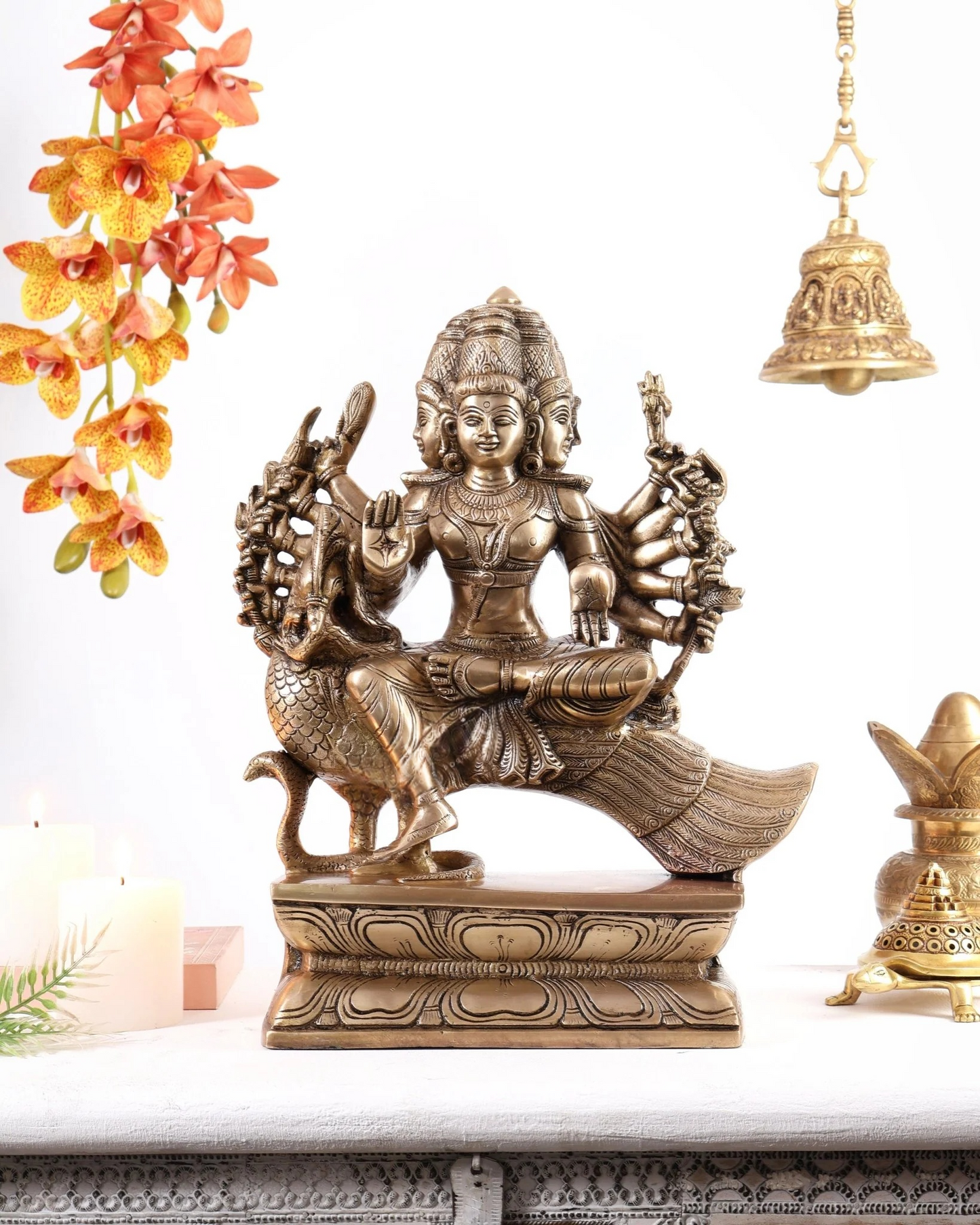 Brassaura® Brass Aarumugam Murugan Sitting on Peacock Statue | Traditional Six-Faced Lord Murugan Sculpture | Sacred Brass Idol for Home Temple, Spiritual Décor & Gifting | 16 Inches | 13.5 Kg