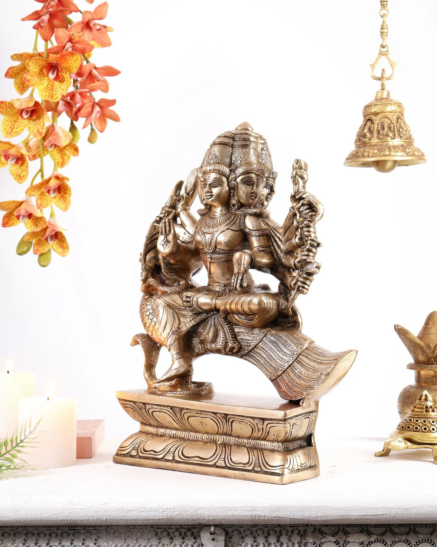 Brassaura® Brass Aarumugam Murugan Sitting on Peacock Statue | Traditional Six-Faced Lord Murugan Sculpture | Sacred Brass Idol for Home Temple, Spiritual Décor & Gifting | 16 Inches | 13.5 Kg
