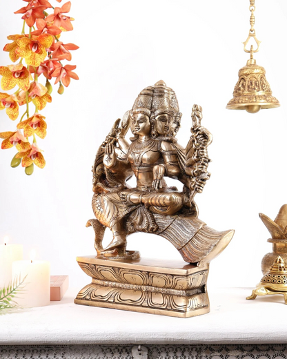 Brassaura® Brass Aarumugam Murugan Sitting on Peacock Statue | Traditional Six-Faced Lord Murugan Sculpture | Sacred Brass Idol for Home Temple, Spiritual Décor & Gifting | 16 Inches | 13.5 Kg