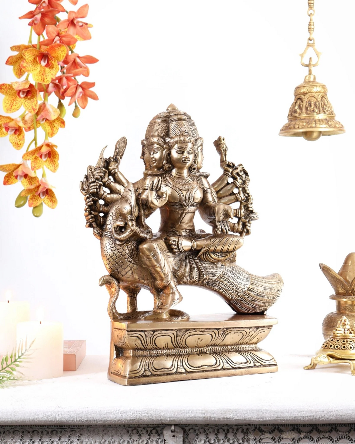 Brassaura® Brass Aarumugam Murugan Sitting on Peacock Statue | Traditional Six-Faced Lord Murugan Sculpture | Sacred Brass Idol for Home Temple, Spiritual Décor & Gifting | 16 Inches | 13.5 Kg