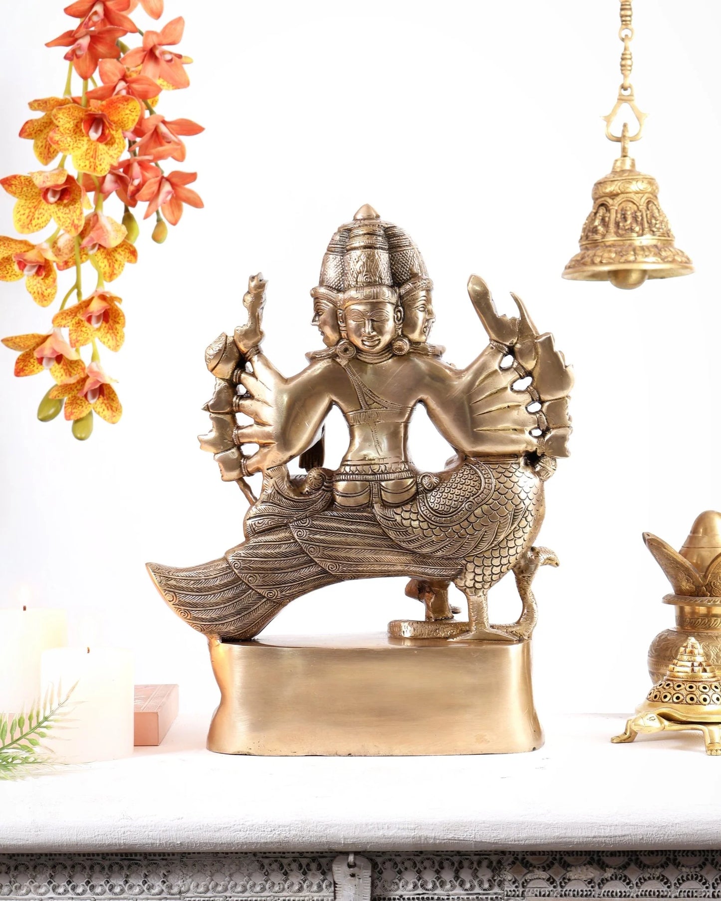 Brassaura® Brass Aarumugam Murugan Sitting on Peacock Statue | Traditional Six-Faced Lord Murugan Sculpture | Sacred Brass Idol for Home Temple, Spiritual Décor & Gifting | 16 Inches | 13.5 Kg