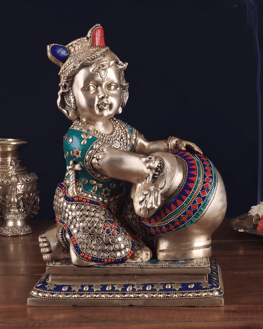 Brassaura™ Baby Krishna as Makhan Chor | Pure Brass with Meenakari Stonework | Height 12 Inches & Weight 7 Kgs