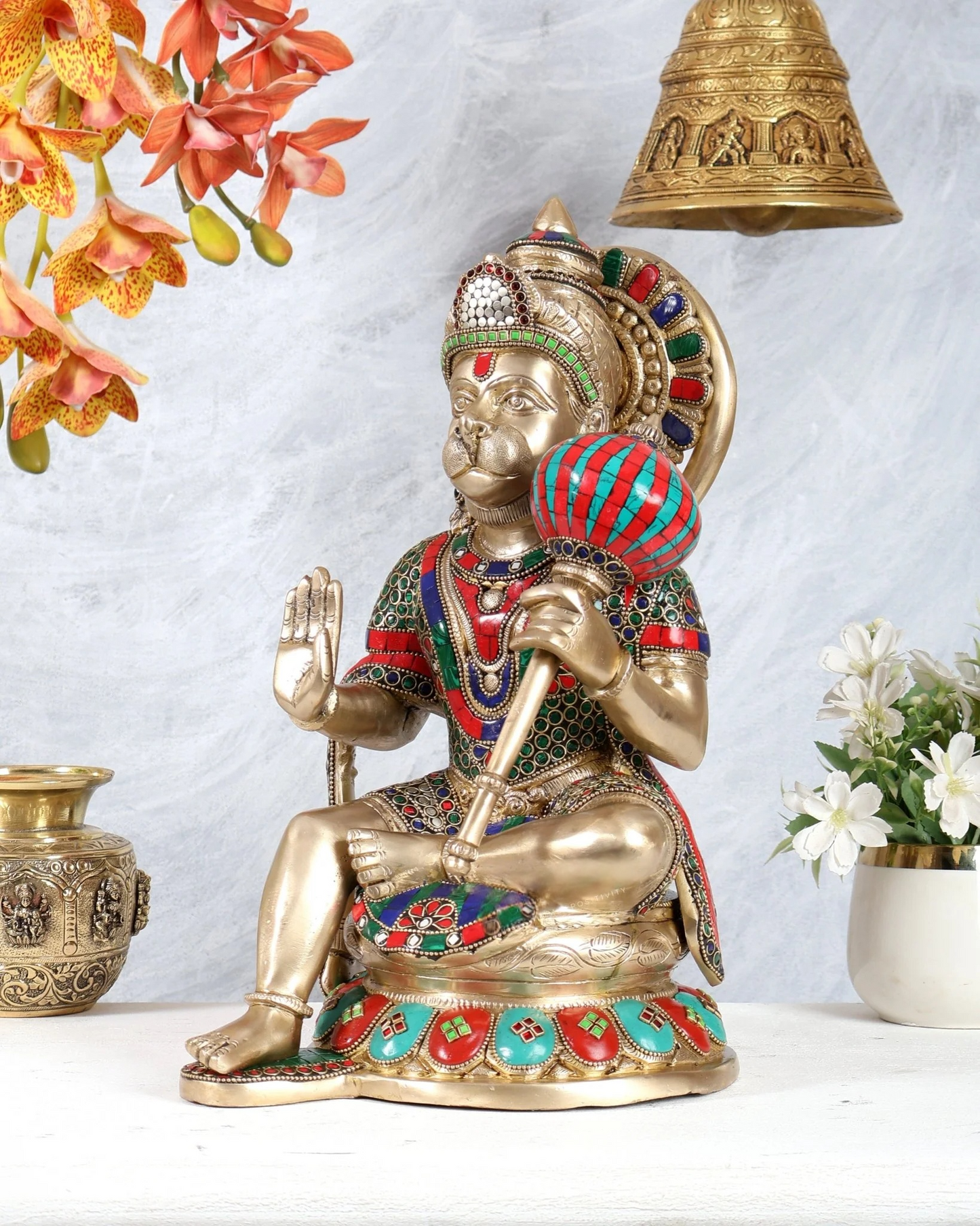 Brassaura® Brass Hanuman Idol with Stonework | Height 15 Inches