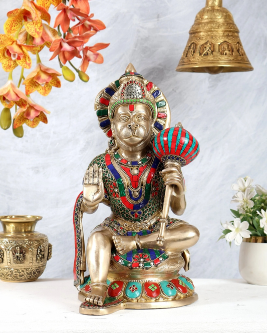 Brassaura® Brass Hanuman Idol with Stonework | Height 15 Inches