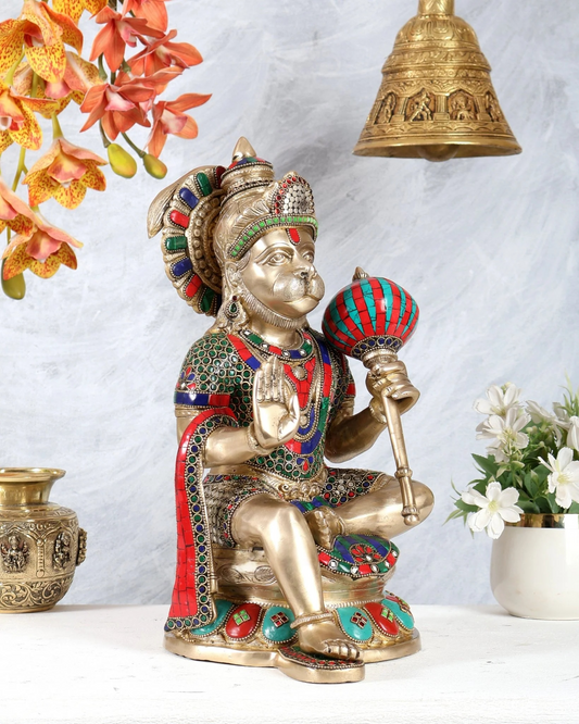 Brassaura® Brass Hanuman Idol with Stonework | Height 15 Inches