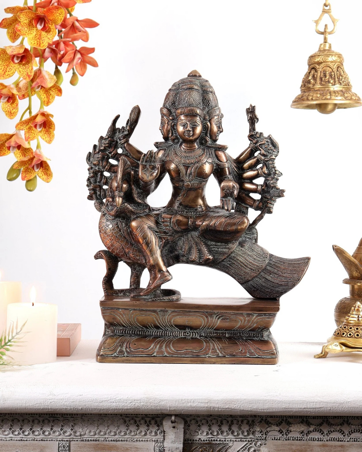 Brassaura® Brass Aarumugam Murugan Sitting on Peacock Statue | Traditional Lord Murugan Sculpture | Sacred Brass Idol for Home Temple, Spiritual Décor & Gifting | 16 Inches | 13.5 Kg
