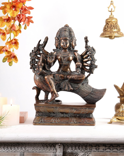 Brassaura® Brass Aarumugam Murugan Sitting on Peacock Statue | Traditional Lord Murugan Sculpture | Sacred Brass Idol for Home Temple, Spiritual Décor & Gifting | 16 Inches | 13.5 Kg
