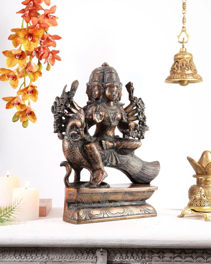 Brassaura® Brass Aarumugam Murugan Sitting on Peacock Statue | Traditional Lord Murugan Sculpture | Sacred Brass Idol for Home Temple, Spiritual Décor & Gifting | 16 Inches | 13.5 Kg