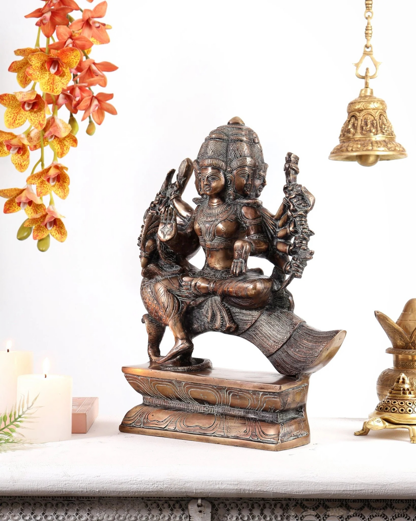 Brassaura® Brass Aarumugam Murugan Sitting on Peacock Statue | Traditional Lord Murugan Sculpture | Sacred Brass Idol for Home Temple, Spiritual Décor & Gifting | 16 Inches | 13.5 Kg