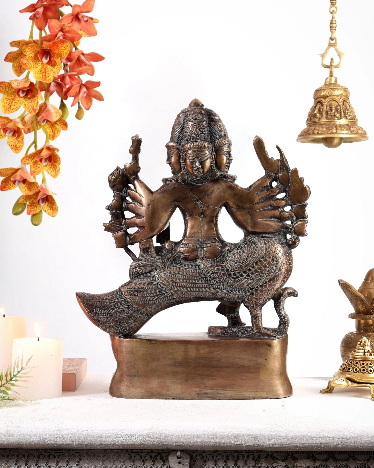 Brassaura® Brass Aarumugam Murugan Sitting on Peacock Statue | Traditional Lord Murugan Sculpture | Sacred Brass Idol for Home Temple, Spiritual Décor & Gifting | 16 Inches | 13.5 Kg