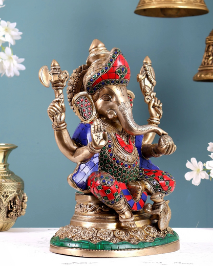 Brassaura® Brass Ganesha Highly Detailed Statue with Stonework | Height 12 Inches