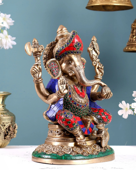 Brassaura® Brass Ganesha Highly Detailed Statue with Stonework | Height 12 Inches