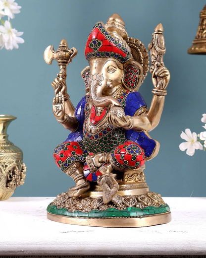 Brassaura® Brass Ganesha Highly Detailed Statue with Stonework | Height 12 Inches