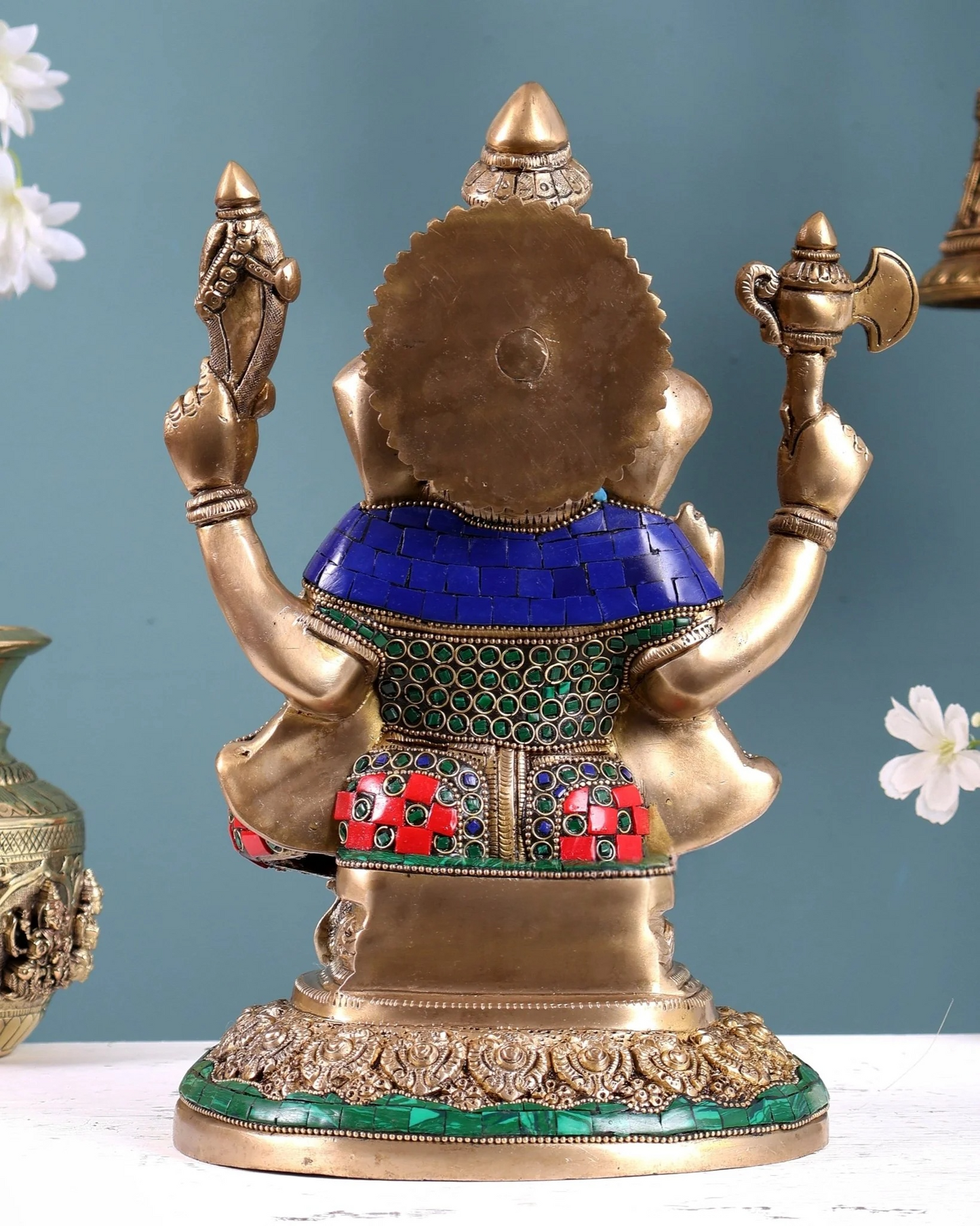 Brassaura® Brass Ganesha Highly Detailed Statue with Stonework | Height 12 Inches