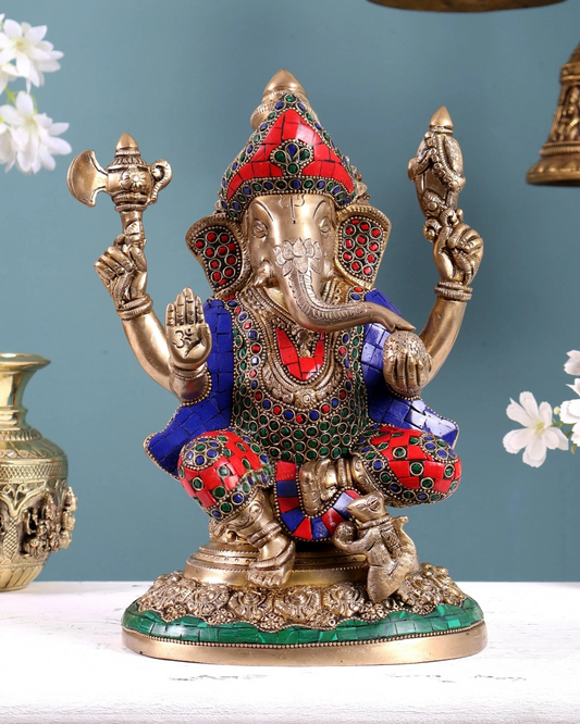 Brassaura® Brass Ganesha Highly Detailed Statue with Stonework | Height 12 Inches