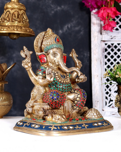 Brassaura® Lord Ganesha Seated Idol with Meenakari Stonework Finish | Pure Superfine Brass Handcrafted Murti | Brass Statue for Home Temple, Pooja Room | Height 9 Inches | Weight 5.5 Kgs