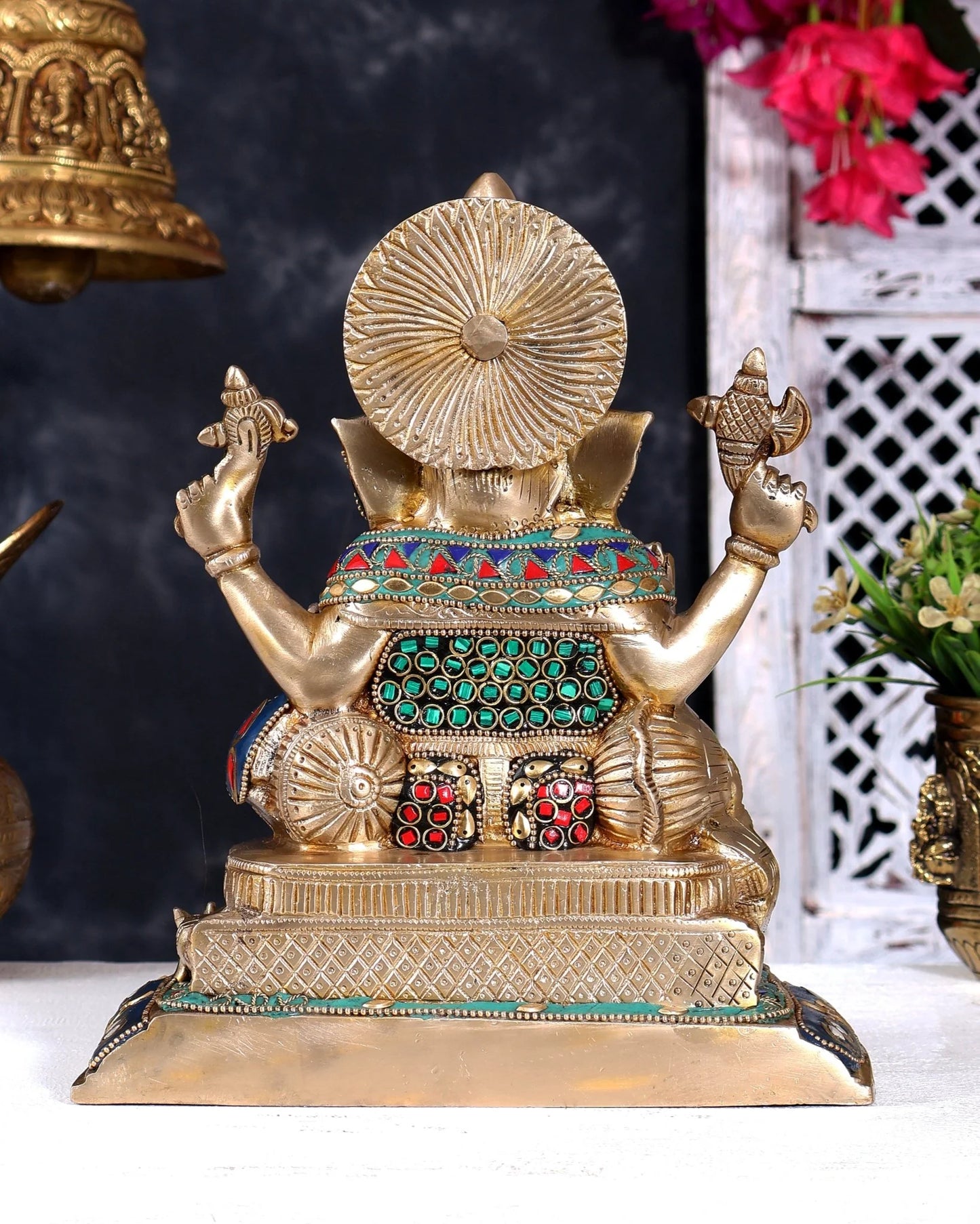 Brassaura® Lord Ganesha Seated Idol with Meenakari Stonework Finish | Pure Superfine Brass Handcrafted Murti | Brass Statue for Home Temple, Pooja Room | Height 9 Inches | Weight 5.5 Kgs