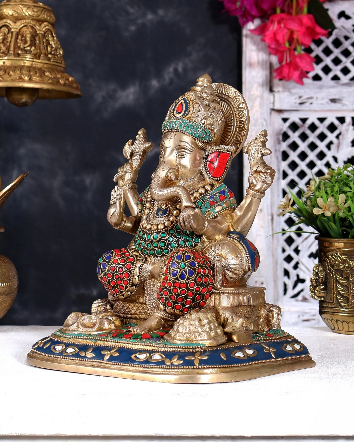 Brassaura® Lord Ganesha Seated Idol with Meenakari Stonework Finish | Pure Superfine Brass Handcrafted Murti | Brass Statue for Home Temple, Pooja Room | Height 9 Inches | Weight 5.5 Kgs