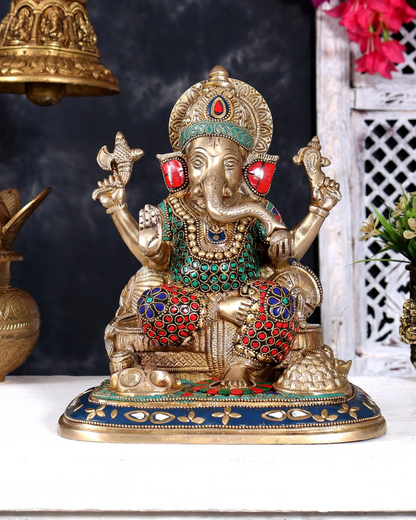 Brassaura® Lord Ganesha Seated Idol with Meenakari Stonework Finish | Pure Superfine Brass Handcrafted Murti | Brass Statue for Home Temple, Pooja Room | Height 9 Inches | Weight 5.5 Kgs