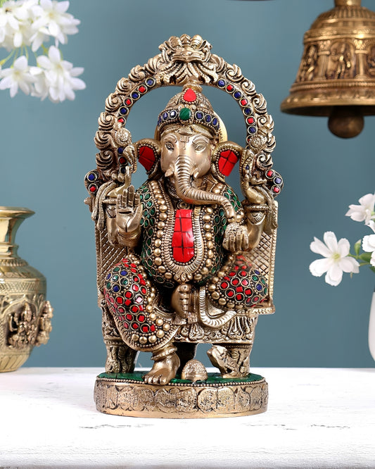 Brassaura® Brass Ganesha Statue on Throne | Height 10 Inches