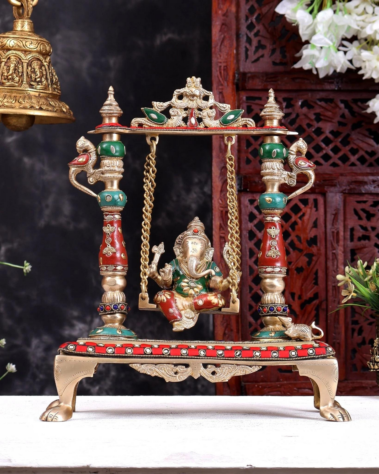 Brassaura® Brass Meenakari Lord Ganesha Jhula Idol | Handcrafted Ganpati Swing Statue for Home Temple, Pooja Room & Spiritual Décor | Height 13 Inches | Weight 4.37 Kgs
