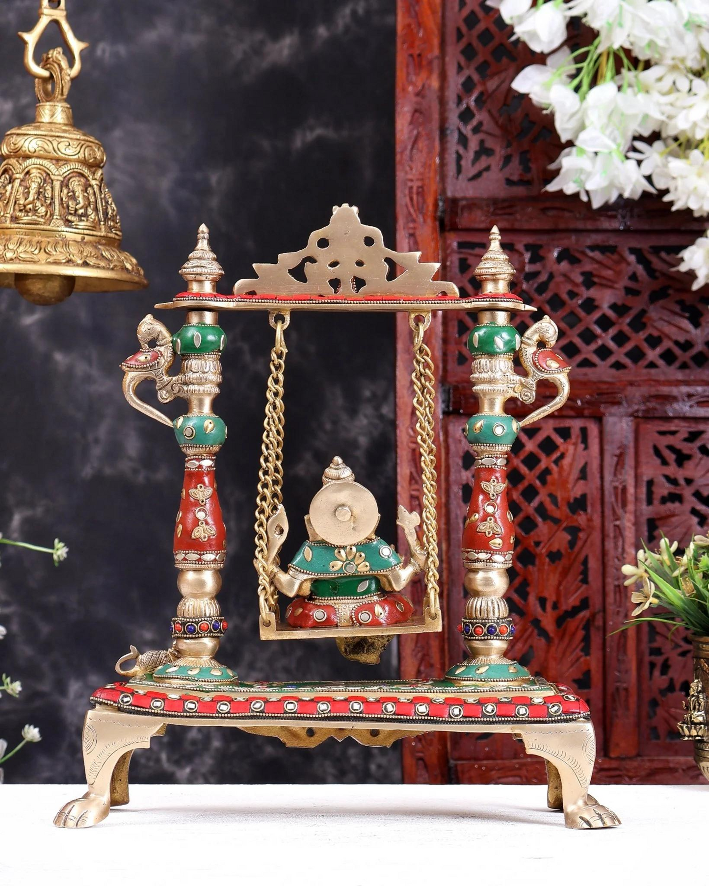 Brassaura® Brass Meenakari Lord Ganesha Jhula Idol | Handcrafted Ganpati Swing Statue for Home Temple, Pooja Room & Spiritual Décor | Height 13 Inches | Weight 4.37 Kgs
