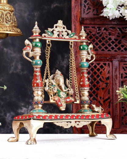 Brassaura® Brass Meenakari Lord Ganesha Jhula Idol | Handcrafted Ganpati Swing Statue for Home Temple, Pooja Room & Spiritual Décor | Height 13 Inches | Weight 4.37 Kgs