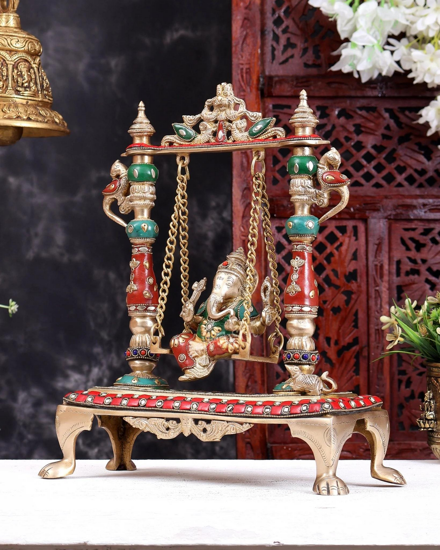 Brassaura® Brass Meenakari Lord Ganesha Jhula Idol | Handcrafted Ganpati Swing Statue for Home Temple, Pooja Room & Spiritual Décor | Height 13 Inches | Weight 4.37 Kgs