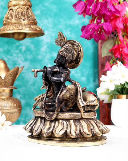 Brassaura® Antique Black & Gold Brass Lord Krishna with Cow Idol | Handcrafted Krishna Playing Flute Statue for Home Temple, Living Room & Spiritual Décor | Height 8.5 Inches | Weight 4 Kgs