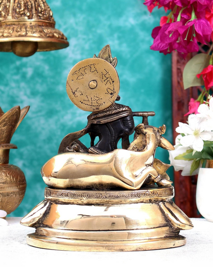 Brassaura® Antique Black & Gold Brass Lord Krishna with Cow Idol | Handcrafted Krishna Playing Flute Statue for Home Temple, Living Room & Spiritual Décor | Height 8.5 Inches | Weight 4 Kgs