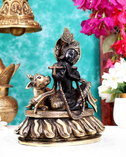 Brassaura® Antique Black & Gold Brass Lord Krishna with Cow Idol | Handcrafted Krishna Playing Flute Statue for Home Temple, Living Room & Spiritual Décor | Height 8.5 Inches | Weight 4 Kgs