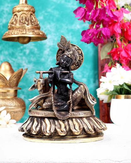 Brassaura® Antique Black & Gold Brass Lord Krishna with Cow Idol | Handcrafted Krishna Playing Flute Statue for Home Temple, Living Room & Spiritual Décor | Height 8.5 Inches | Weight 4 Kgs