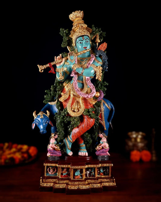 Brassaura™ Pure Brass Hand-Painted Lord Krishna with Cow Statue – Height 29 Inches & Weight 35 Kgs