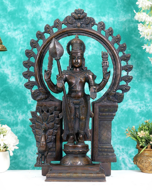 Brassaura® Murugan Standing Idol with Peacock and Prabhavali Arch with Bronze Tone Finish | Pure Superfine Brass Handcrafted Murti | Brass Statue for Home Temple, Pooja Room | Height 23 Inches | Weight 15 Kgs